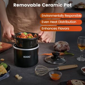 KOOC Small Slow Cooker, 0.65 Quart, Free Liners Included, Upgraded Ceramic Pot, Nutrient Loss Reduction, Sauces, Stews & Dips, Stainless Steel, Black, Round