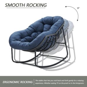 Naga Bahna Outdoor Rocking Chair, Patio Wicker Egg Chair, Indoor & Outdoor Comfy Oversized Papasan Chair with Padded Cushion, Royal Rattan Rocker for Front Porch, Garden, Patio (Navy Blue)