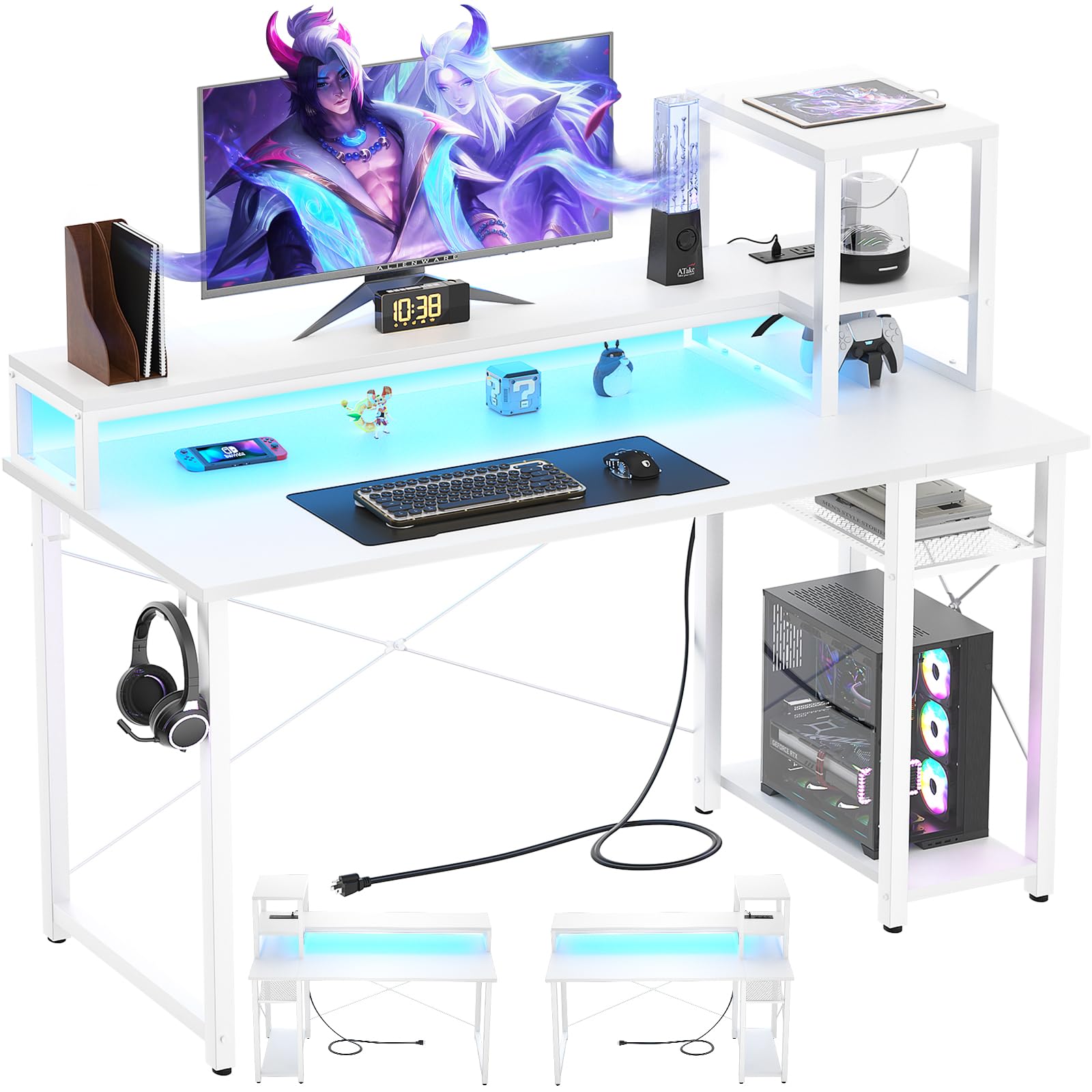 Besiost Gaming Desk with Lights & Power Outlets, 39.4' Computer Desk with Shelves, Small Desk for Small Space, Writing Desk with Monitor Stand, White