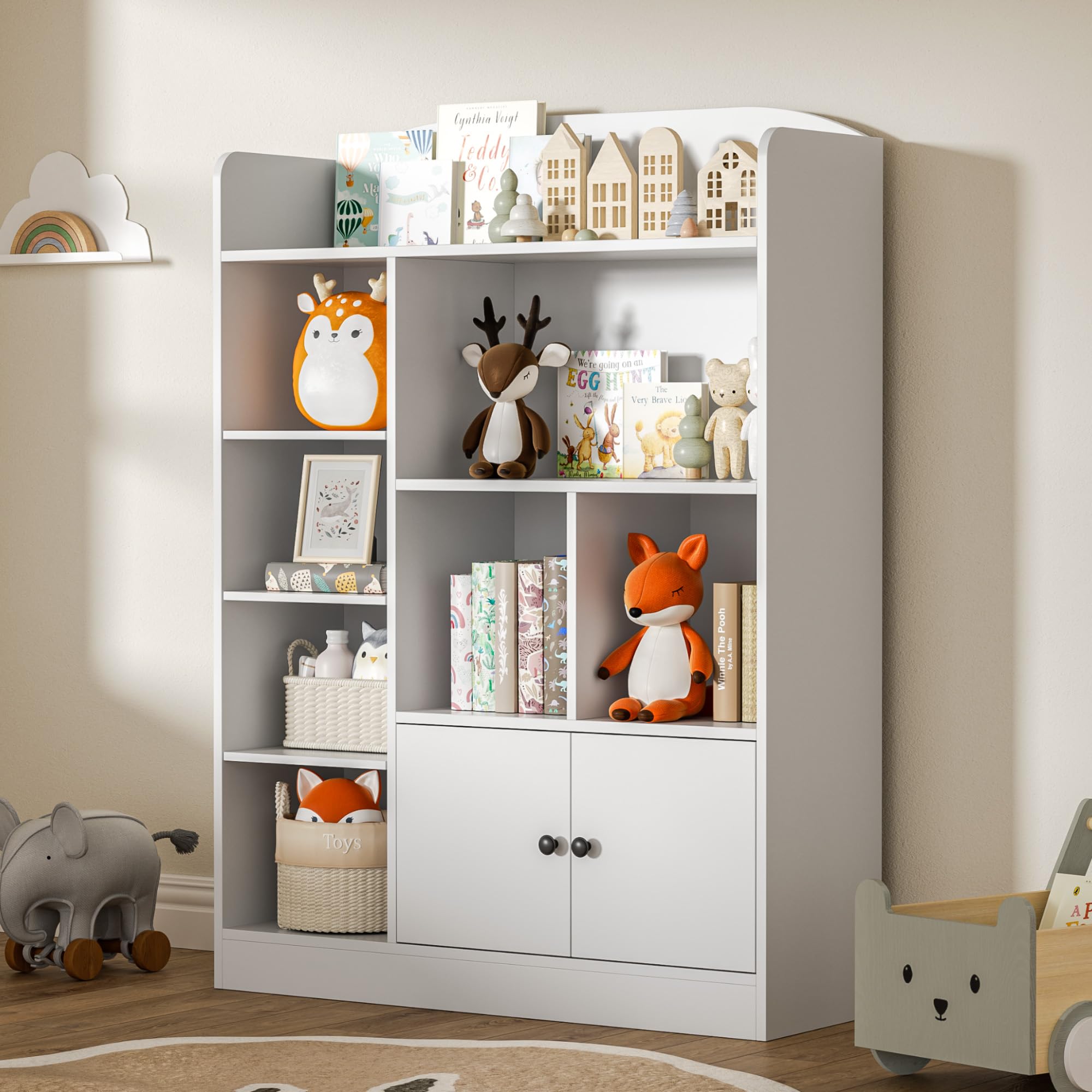 DIYART White Kids Bookshelf, Kids Bookcase with 7 Cubbies and 2 Cabinets, Freestanding Book Storage Shelves for Bedroom, Playroom, Hallway