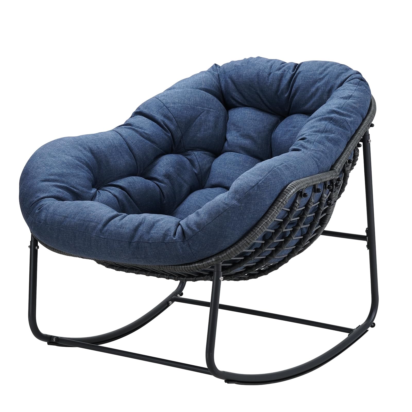 Naga Bahna Outdoor Rocking Chair, Patio Wicker Egg Chair, Indoor & Outdoor Comfy Oversized Papasan Chair with Padded Cushion, Royal Rattan Rocker for Front Porch, Garden, Patio (Navy Blue)