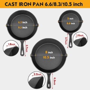 Goeszooin Cast Iron Skillet Set -3 Piece 6 inch, 8 inch and 10 inch Cast Iron Pan, Scraper+Dish Sponge - Oven Grill Stovetop Safe Cookware.