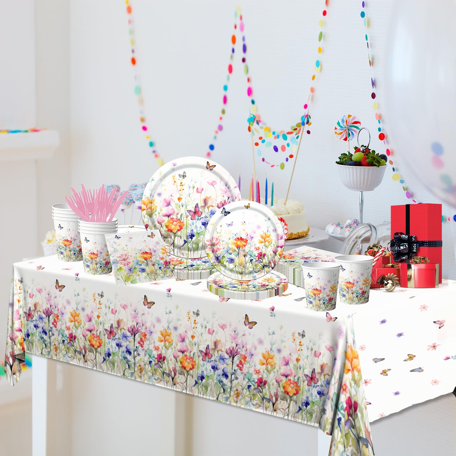 Wildflower Baby Shower Decorations,142Pcs Wildflower Baby in Bloom Plates and Napkins,Tablecloth,Cup Butterfly Floral Theme Table Decorations for Bridal Shower Birthday Party