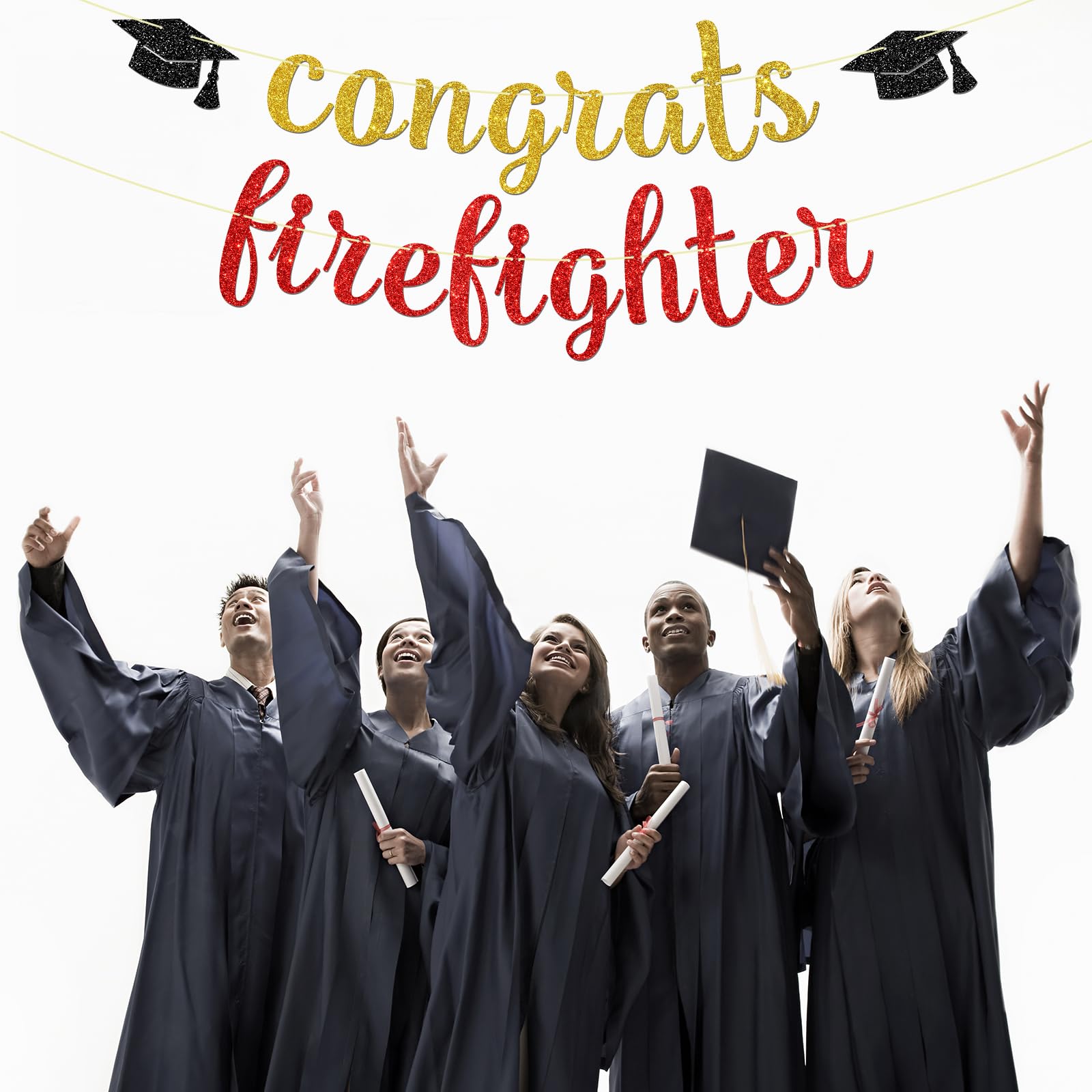 Maicaiffe Congrats Firefighter Banner- Future Fireman Sign Party Supplies - Congrats Fire Department Fire Academy Graduation Firefighter Grad Banner Decor Gold Red Glitter