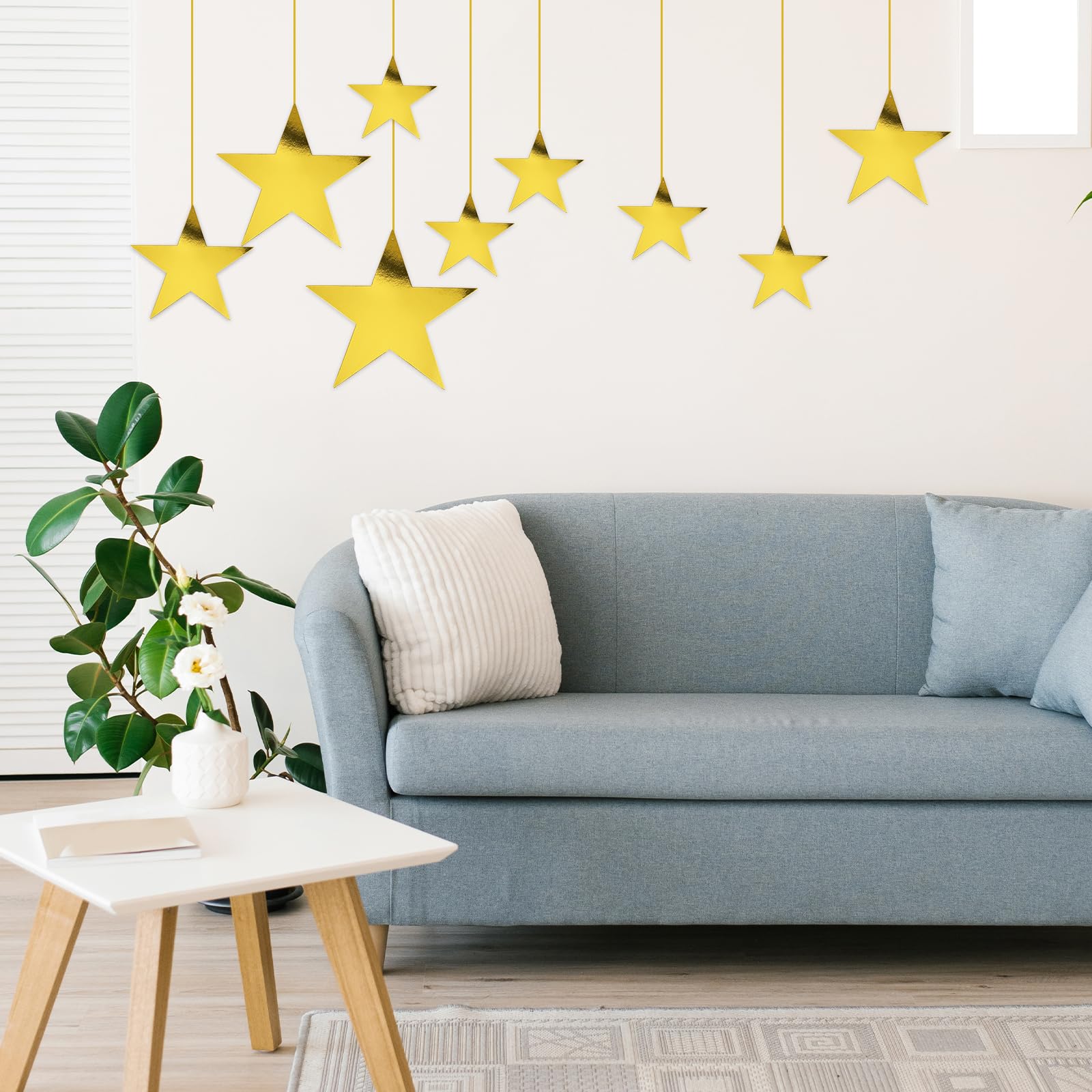 24pcs Gold Cardboard Stars Glitter Star Cutouts Paper Stars Decorations Star Wall Decor Confetti Cutouts for Valentine's Day Movie Night Party Decoration, 4 Sizes and 50m/54.68 yd Nylon Gold Line