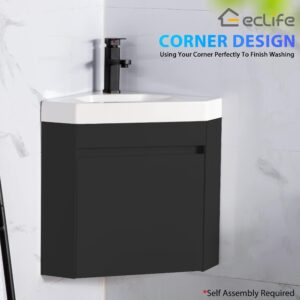 eclife 22" Corner Bathroom Vanity Sink Combo for Small Space Wall Mounted Floating Cabinet with White Resin Sink and Matte Black Faucet, Black