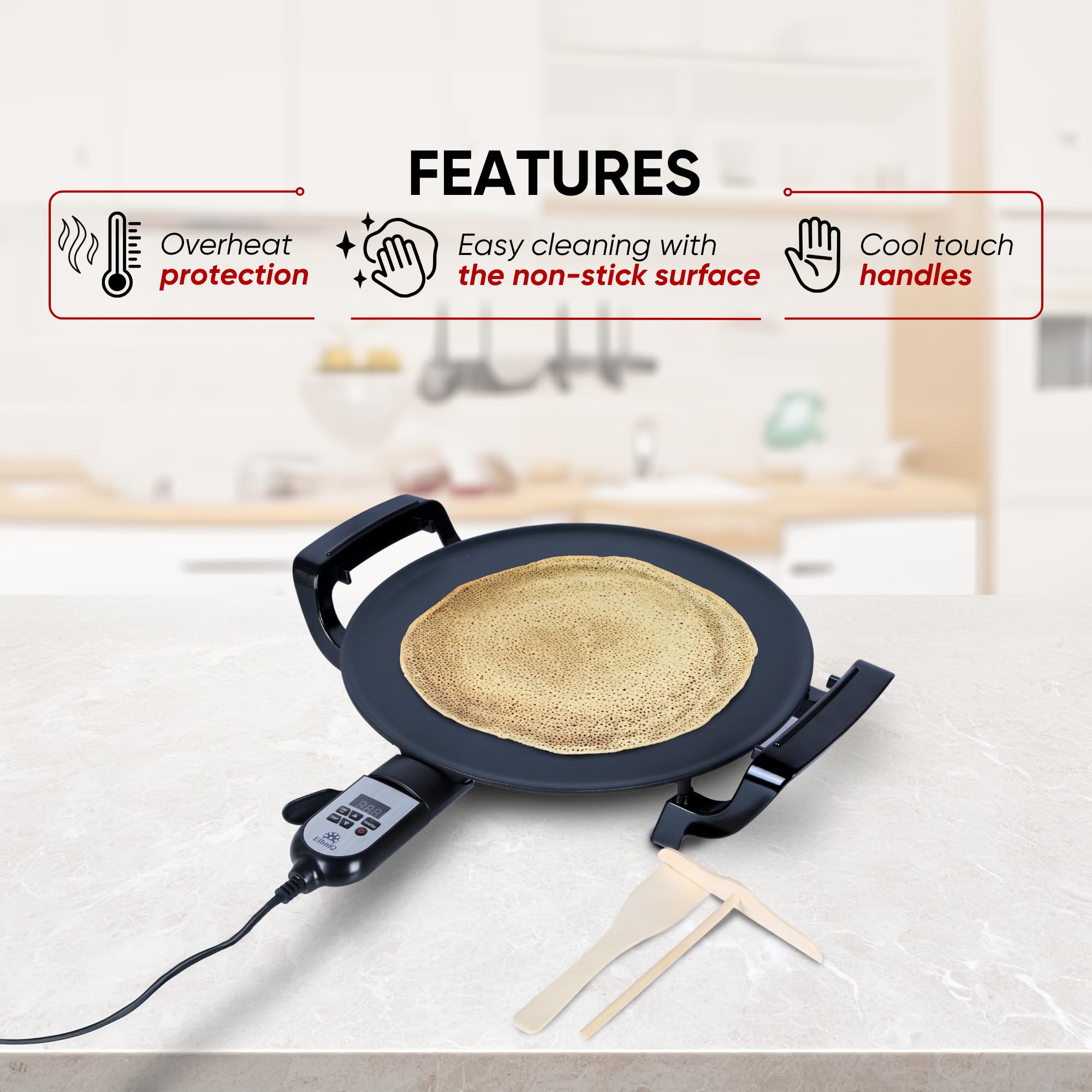 Ethniq 16" Electric Griddle for Ethiopian Injera, Somalian Anjero, Crepe, Lefse, Mogogo, Mitad, Pancake Teff Maker - Adjustable Digital Heat Control - Non-Stackable Surface - Even Heat Distribution