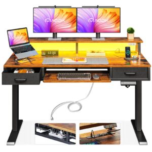 aodk electric standing desk with drawers & keyboard tray, 47 inch height adjustable small gaming desk with power outlets & led lights, sit stand table with monitor stand for home, office, rustic brown