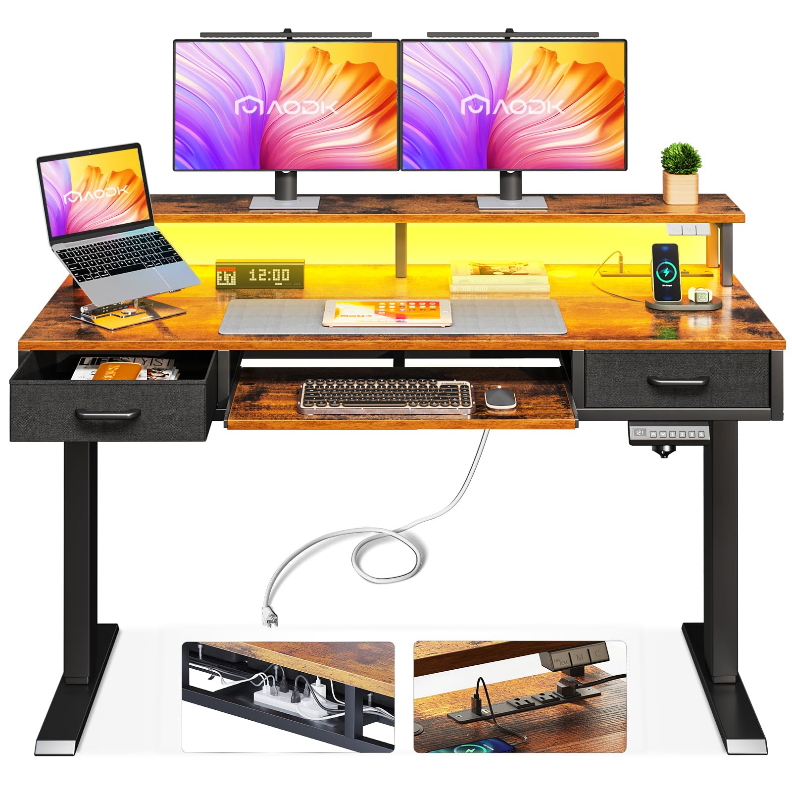 AODK Electric Standing Desk with Drawers & Keyboard Tray, 47 Inch Height Adjustable Small Gaming Desk with Power Outlets & LED Lights, Sit Stand Table with Monitor Stand for Home, Office, Rustic Brown