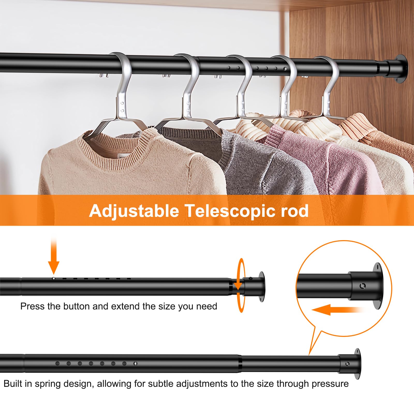 Closet Rod | 63-70 Inch Adjustable | 1.26 Inch Diameter | Heavy Duty Closet Rods for Hanging Clothes | Premium Metal Closet Poles for Closet, Wardrobes, Windows | Black