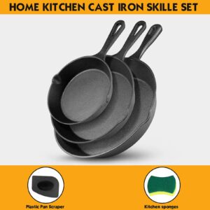 Goeszooin Cast Iron Skillet Set -3 Piece 6 inch, 8 inch and 10 inch Cast Iron Pan, Scraper+Dish Sponge - Oven Grill Stovetop Safe Cookware.