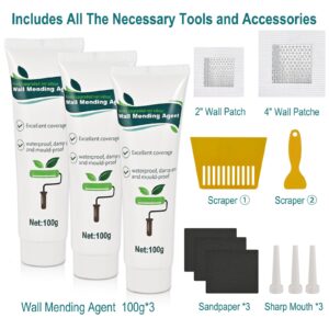 Faburo 3 Pack Drywall Repair Kit, Wall Mending Agent(100g*3), Spackle Wall Repair Patch Kit with Scraper, Drywall Repair Clips Dry Wall Patch Kits Fast-Drying Wall Patch Repair Kit