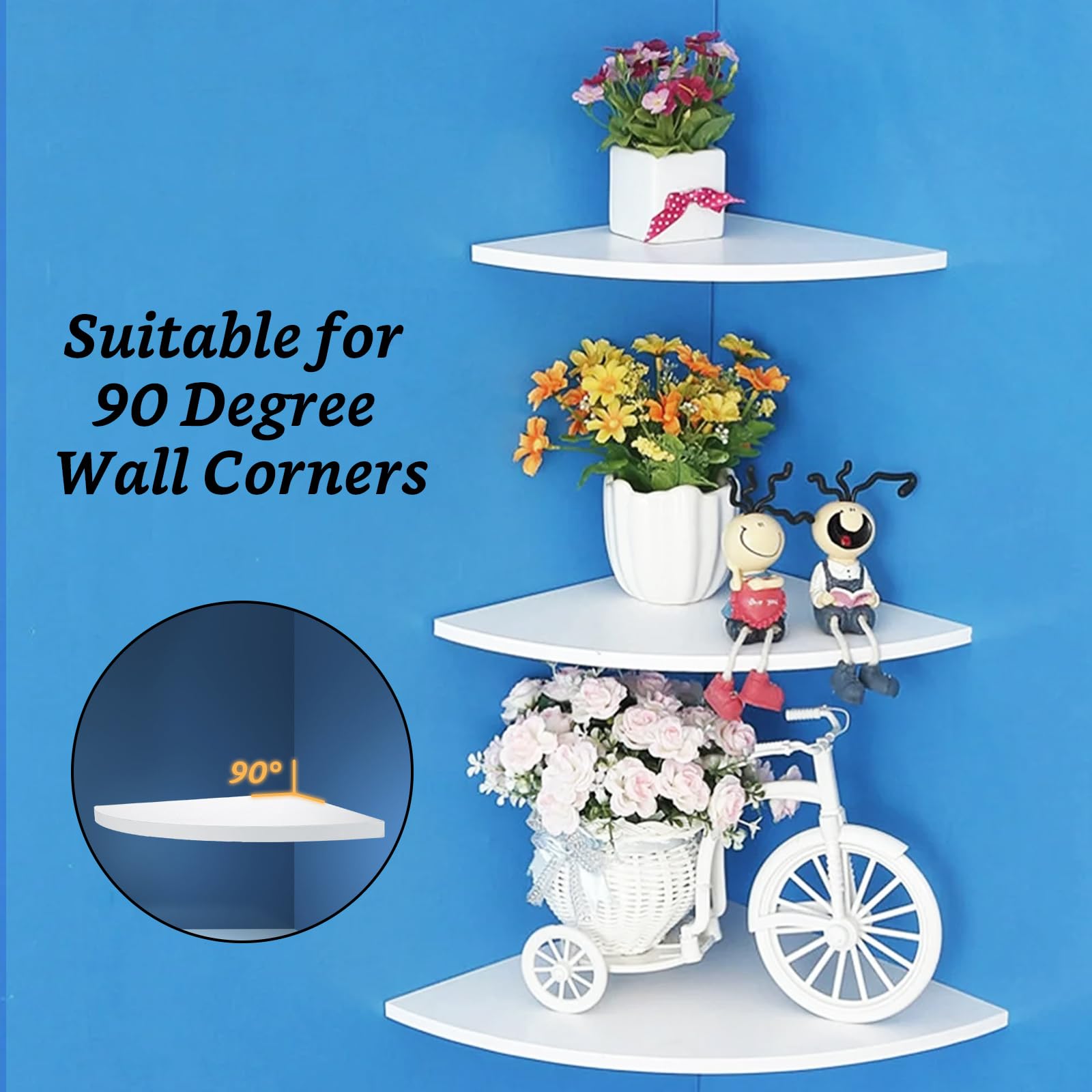 MUXHEL 4 Pcs Floating Corner Shelf with Mounting Accessories, Wooden White Round Corner Wall Shelves, Wall Mounted Corner Storage Shelf for Bathroom, Bedroom, Living Room