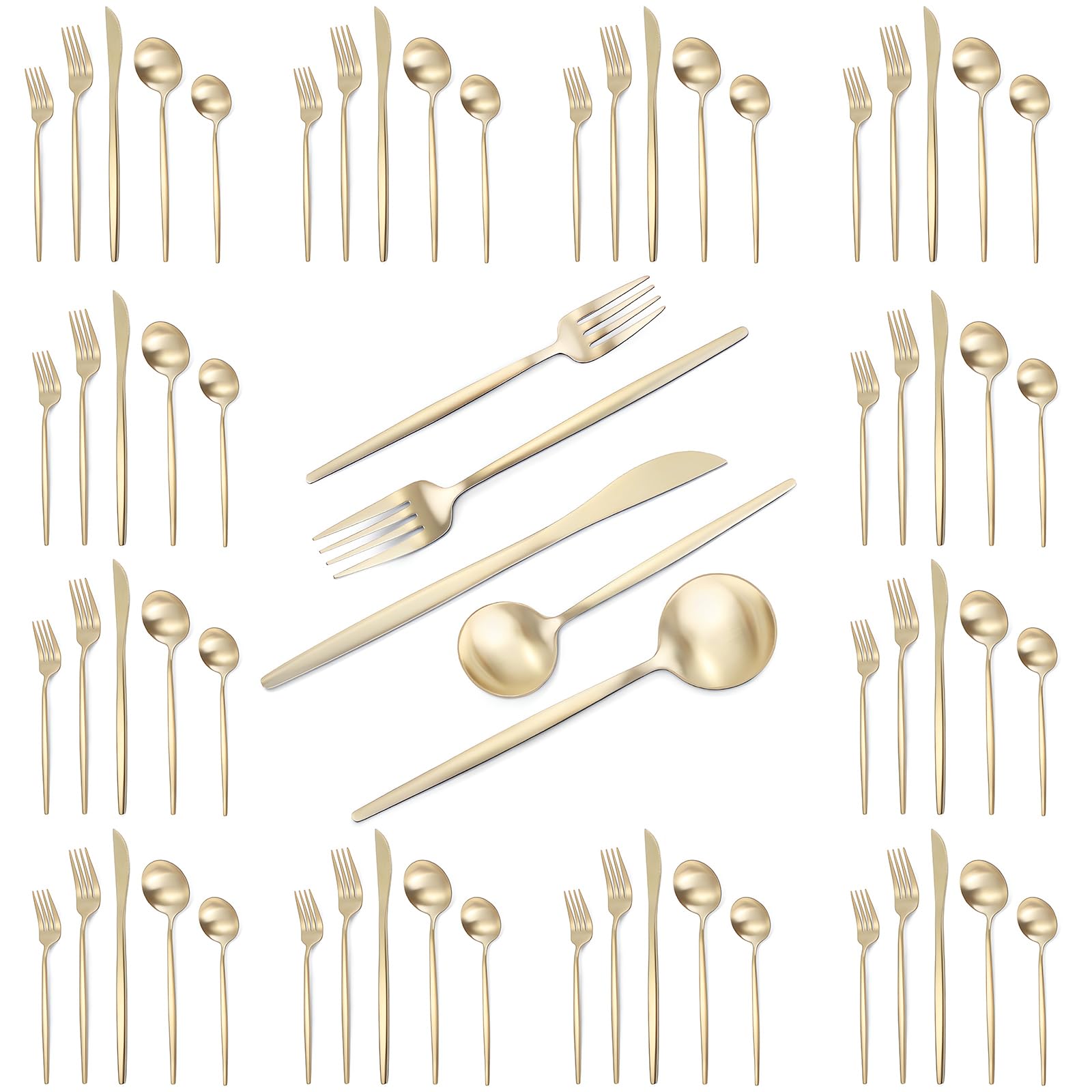 VANVRO Matte Champagne Gold Silverware Set, 60-Piece Stainless Steel Flatware set, Service for 12, Tableware Cutlery Set, Satin Finish,Utensils for Kitchen, Dishwasher Safe