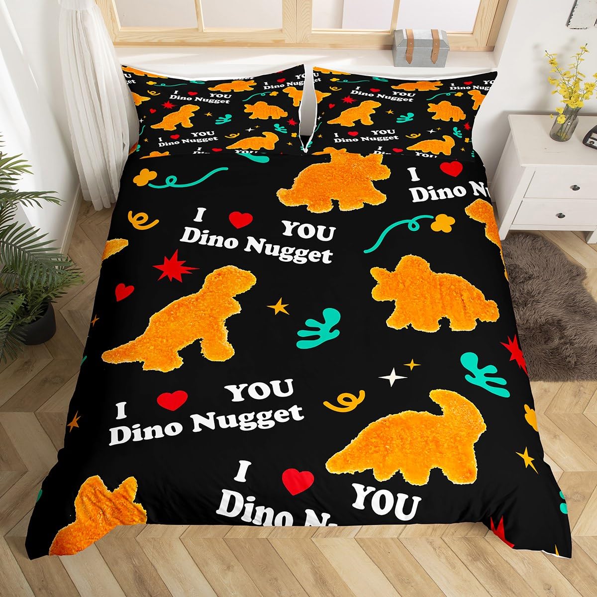 Feelyou Fried Chicken Nugget Bedding Set Queen Size Kids Cute Dino Comforter Cover Set for Boys Teens Dinosaur Duvet Cover Breathable Chicken Nuggets Bedspread Cover Room Decor Quilt Cover