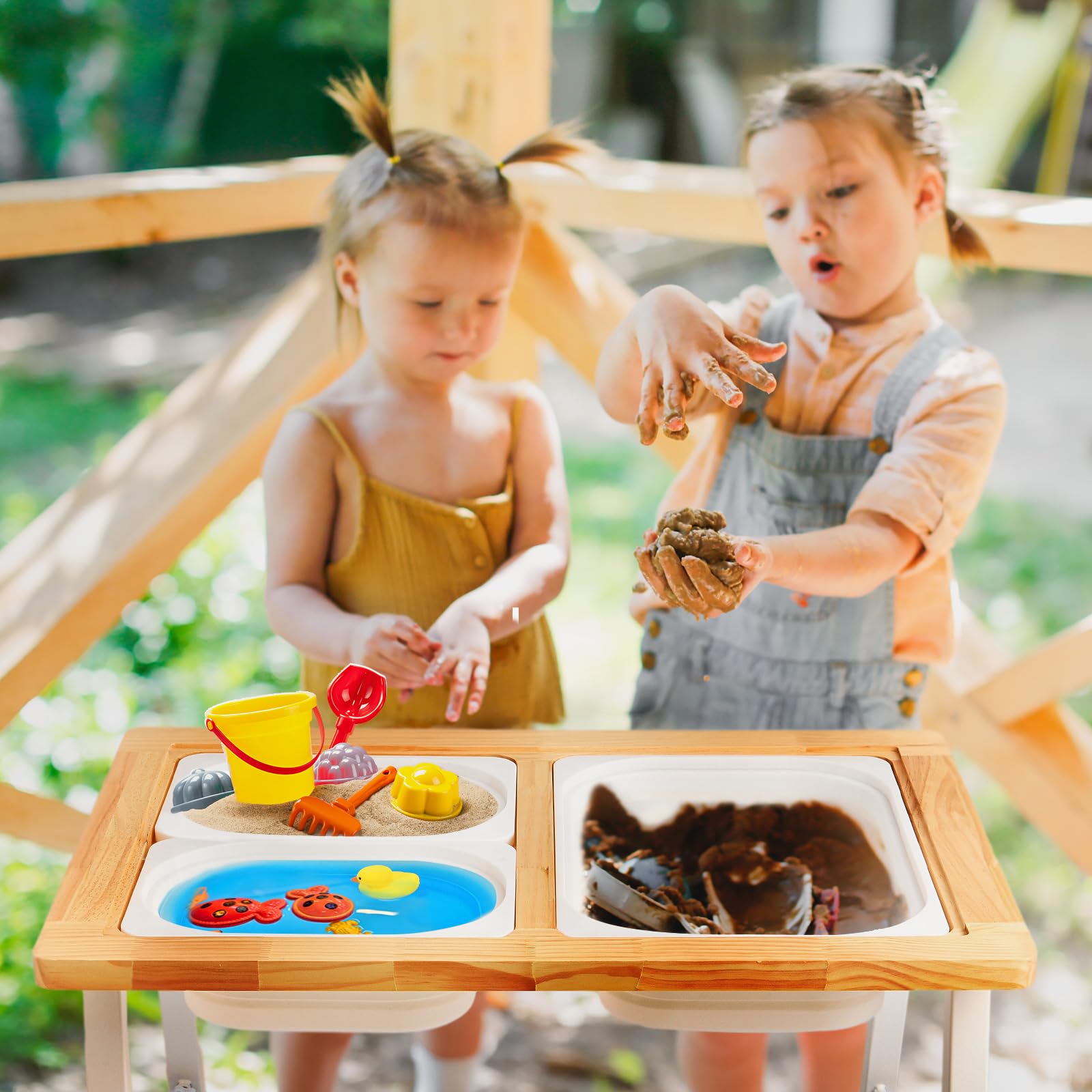 SAUCE ZHAN Sensory Table for Toddlers, Kids Table with 3 Bins Writable Lids, Adjustable Height Play Table, Preschool Table for Outdoor Indoor Use, Sand and Water Table Children's Desk Dining Table