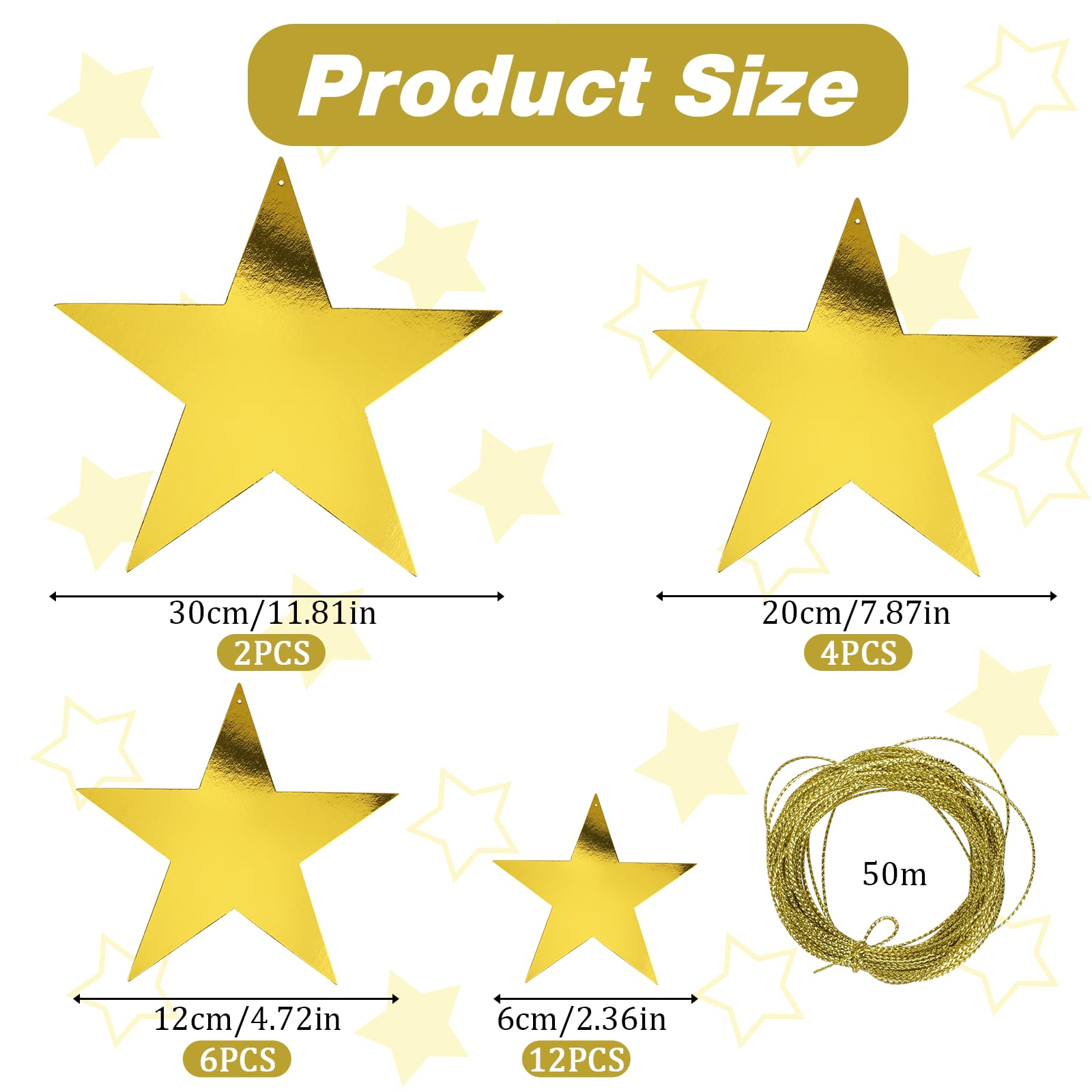 24pcs Gold Cardboard Stars Glitter Star Cutouts Paper Stars Decorations Star Wall Decor Confetti Cutouts for Valentine's Day Movie Night Party Decoration, 4 Sizes and 50m/54.68 yd Nylon Gold Line