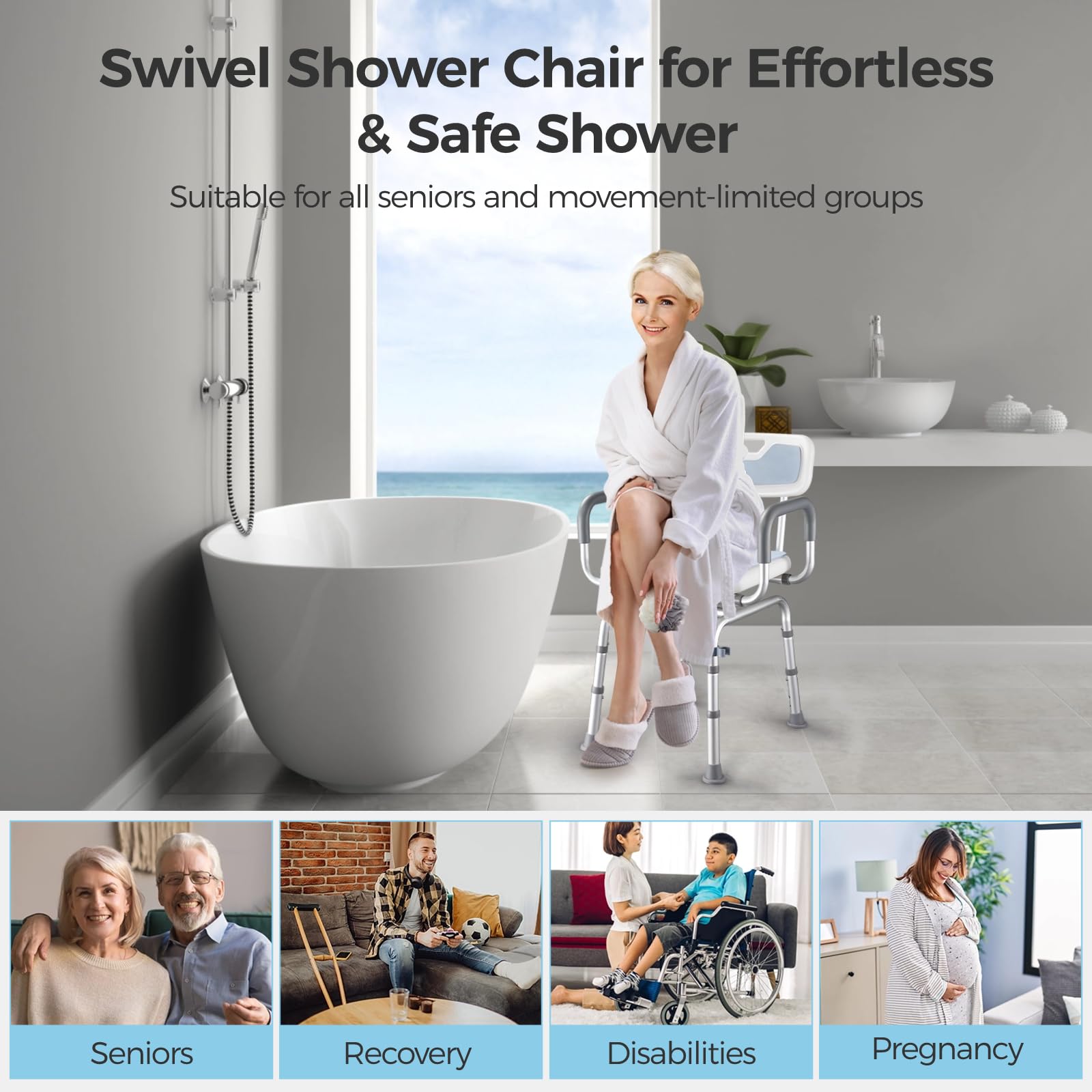 Swivel Shower Chair with Arms and Back, Hybodies Rotatable Shower Chair with Adjustable Height, Non-Slip Bath Tub Transfer Stool, Safe Adjustable Handicap Stool for Inside Bathtub Bathroom