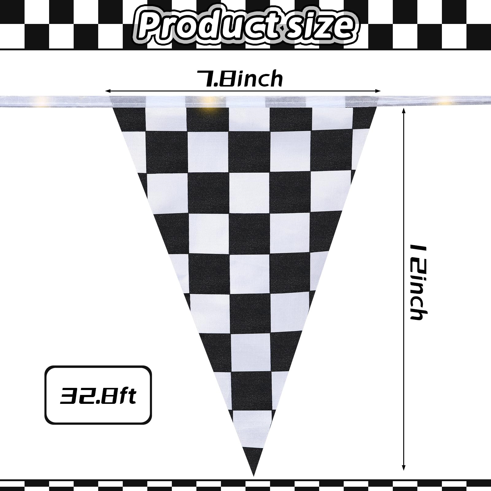 Aurelema Light up Black and White Checkered Flag Banner, 32.8 ft Racing Flags Plastic Race Flags Checkered Pennant Banner with 8 Light Modes for Nascar Race Themed Party Decorations Supplies