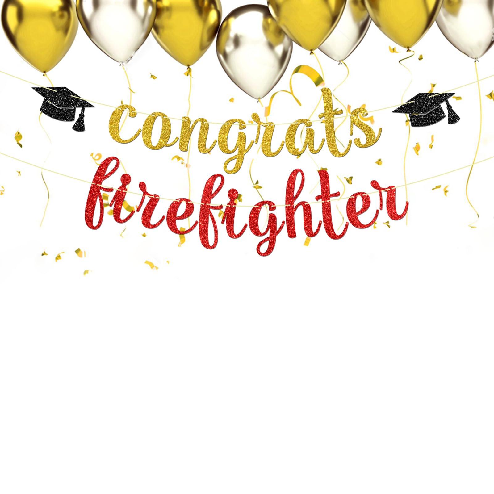 Maicaiffe Congrats Firefighter Banner- Future Fireman Sign Party Supplies - Congrats Fire Department Fire Academy Graduation Firefighter Grad Banner Decor Gold Red Glitter