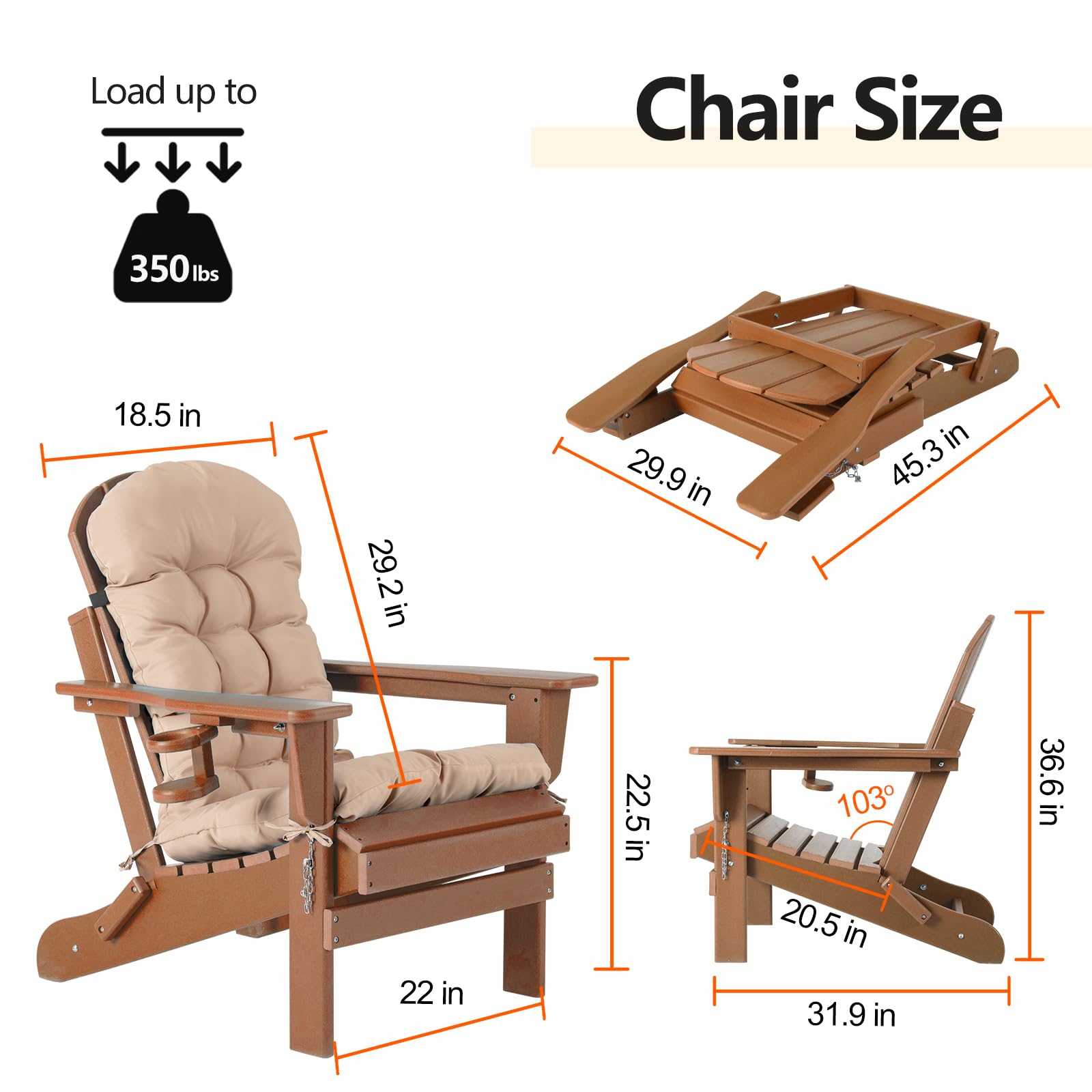 nalone Adirondack Chairs with Table Set, Folding Adirondack Chair Set of 2 with Cushions with 2 Layer Outdoor Side Table, HDPE Plastic Patio Chairs with End Table for Outdoor, Fire Pit, Deck (Teak)