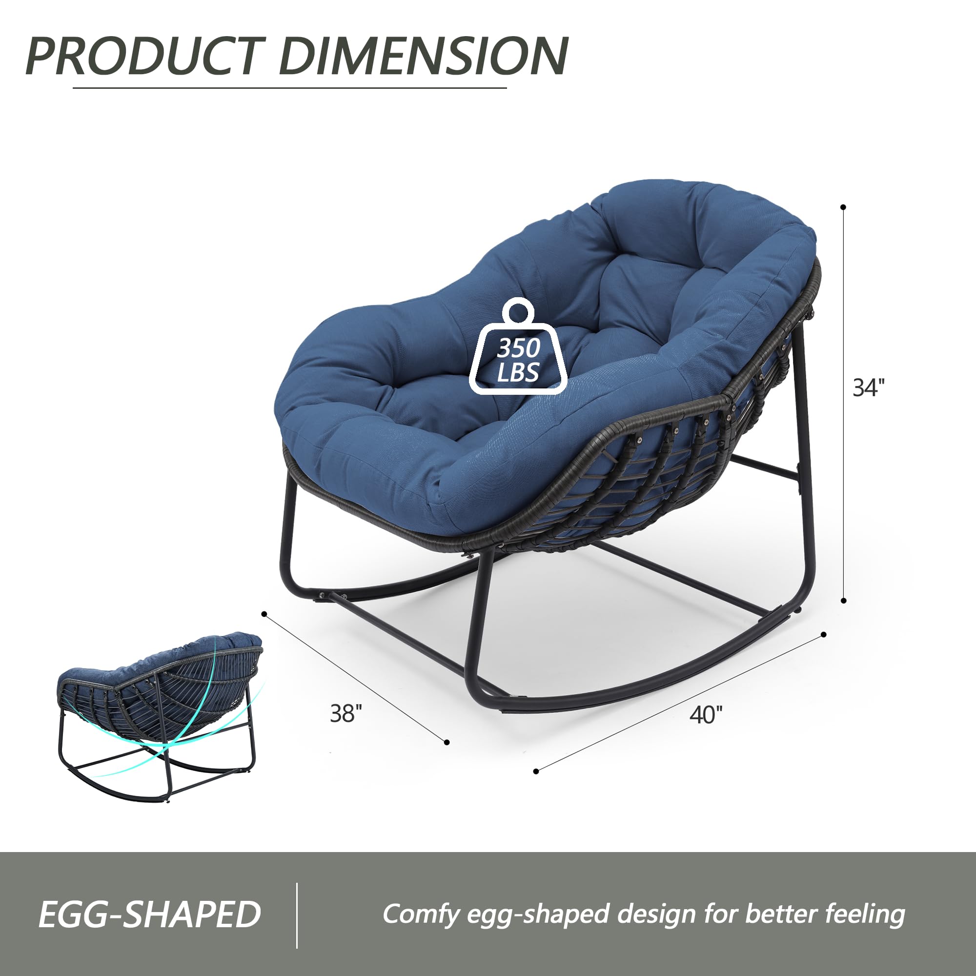 Naga Bahna Outdoor Rocking Chair, Patio Wicker Egg Chair, Indoor & Outdoor Comfy Oversized Papasan Chair with Padded Cushion, Royal Rattan Rocker for Front Porch, Garden, Patio (Navy Blue)