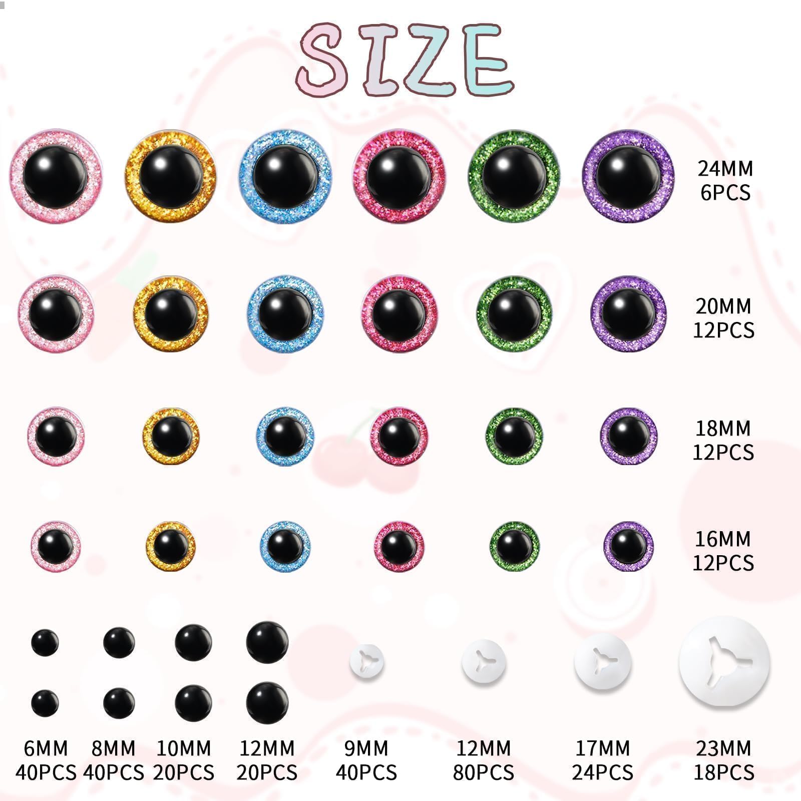 MUCUNNIA Upgraded Glitter Safety Eyes 324 Pcs 6-24mm Safety Eyes for Crocheting with Washers and Size Tools Large Crochet Safety Eyes for Amigurumi Gift for Crochet Lovers Halloween Decorations