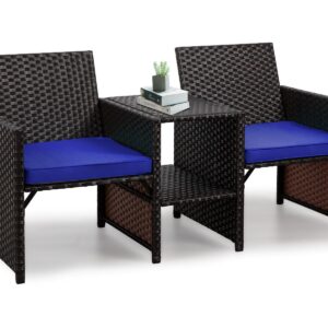 JAMFLY Outdoor Loveseat, Patio Furniture Set with Built-in Coffee Table, Patio Loveseat with Cushion, All-Weather Wicker Conversation Set Rattan Sofa for Garden Lawn Backyard