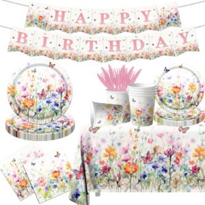 wildflower baby shower decorations,142pcs wildflower baby in bloom plates and napkins,tablecloth,cup butterfly floral theme table decorations for bridal shower birthday party