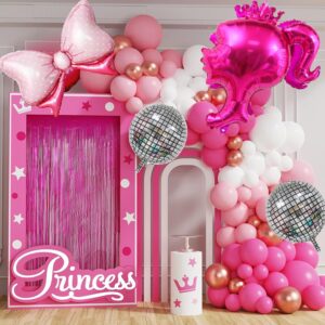 146pcs Pink Balloon Garland Hot Pink Rose Red Light Pink Matte White Balloons Silver Disco Ball Bow Crown Princess Star Balloon Arch Kit For Princess Party Decoration Birthday Baby Shower