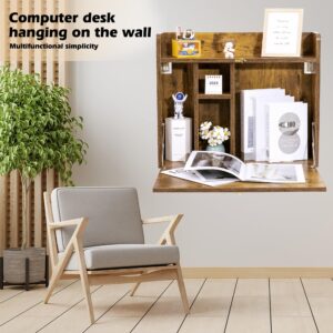 Zvyteay Wall-Mounted Desk Folding Wall Desk Floating Table Wall Mounted Laptop Desk Space Saving Wall Mounted Table with Storage Shelves for Home Office (Rustic Brown)