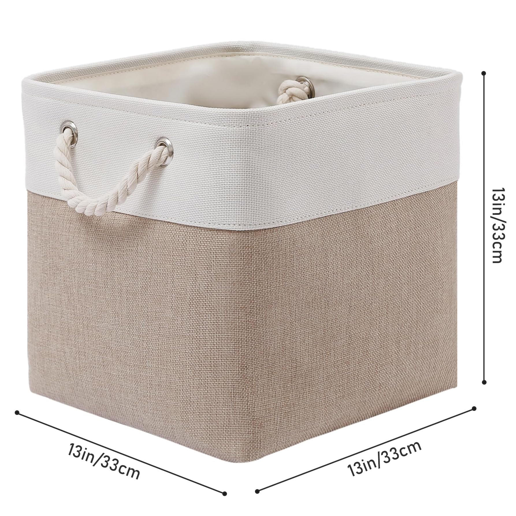 MidmmVick 13 x 13 Inch Cube Storage Bins, 6 Pack Extra Large Collapsible Fabric Storage Bin with Ropes, Foldable Storage Cubes for Home (White & Beige-13"x13"x13")