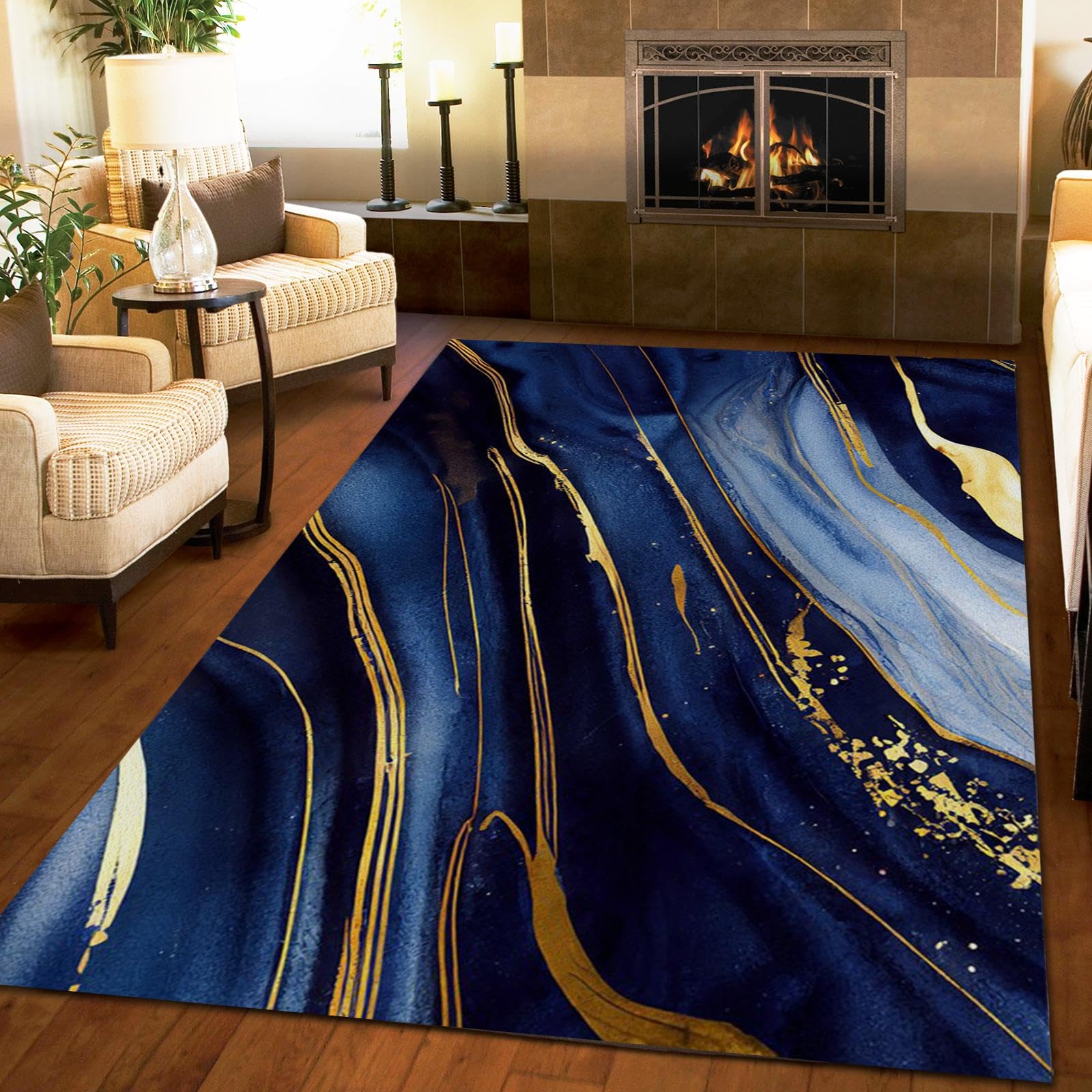 Navy Blue Gold Marble Texture Area Carpet, Retro Gradient Light Luxury Living Room Rugs, Floor Rugs Machine Washable Lightweight Portable Breathable for Bedroom Office Study5 x 6ft