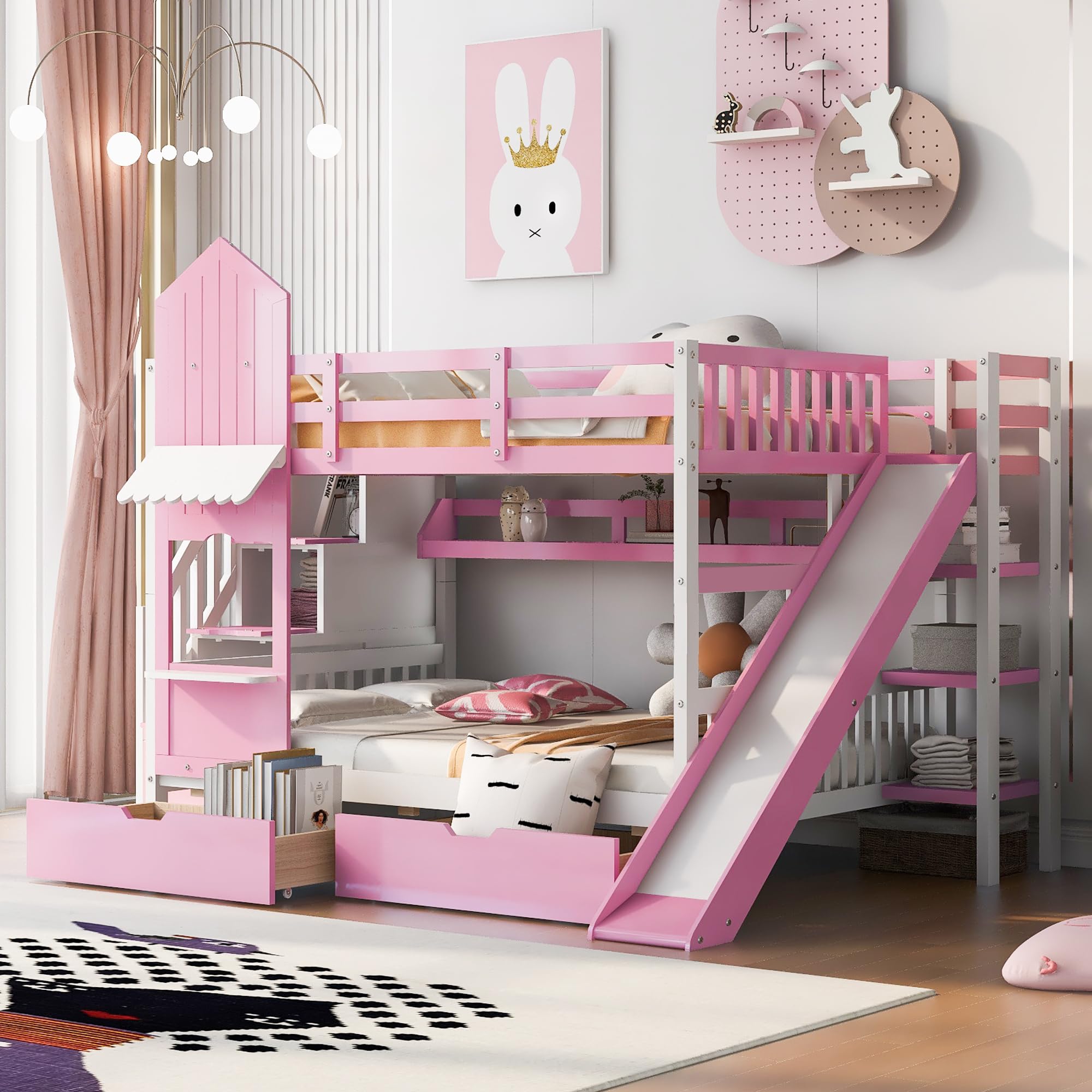 Loisall Castle Style Bunk Bed with 2 Drawers,Wooden Bed Frame with Ladder,Full-Length Guardrails,3 Shelves and Slide for Bedroom (Pink, Full-Over-Full)