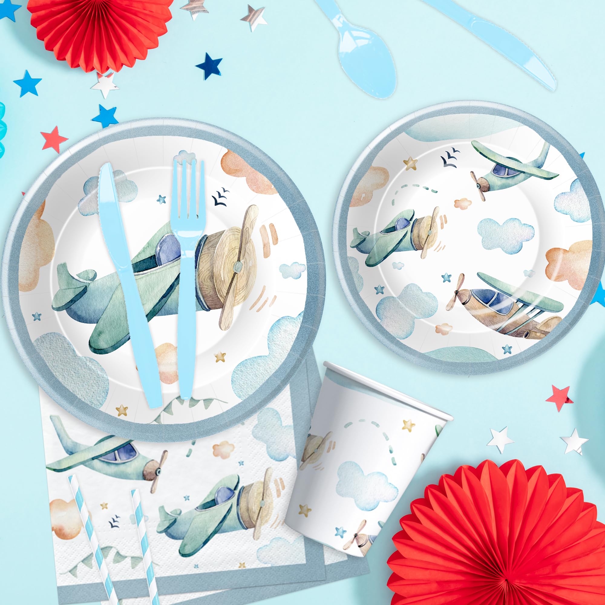 HIPVVILD Airplane Party Decorations Tableware - Airplane Birthday Party Supplies, Paper Plate, Cup, Napkin, Tablecloth, Cutlery, Airplane Theme Birthday Baby Shower Decorations Dinnerware | Serve 24