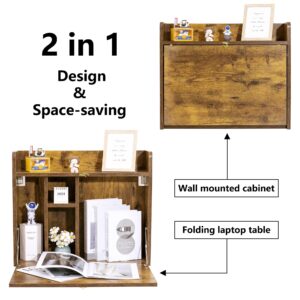 Zvyteay Wall-Mounted Desk Folding Wall Desk Floating Table Wall Mounted Laptop Desk Space Saving Wall Mounted Table with Storage Shelves for Home Office (Rustic Brown)