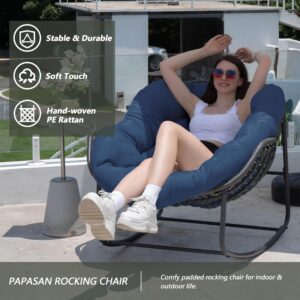 Naga Bahna Outdoor Rocking Chair, Patio Wicker Egg Chair, Indoor & Outdoor Comfy Oversized Papasan Chair with Padded Cushion, Royal Rattan Rocker for Front Porch, Garden, Patio (Navy Blue)