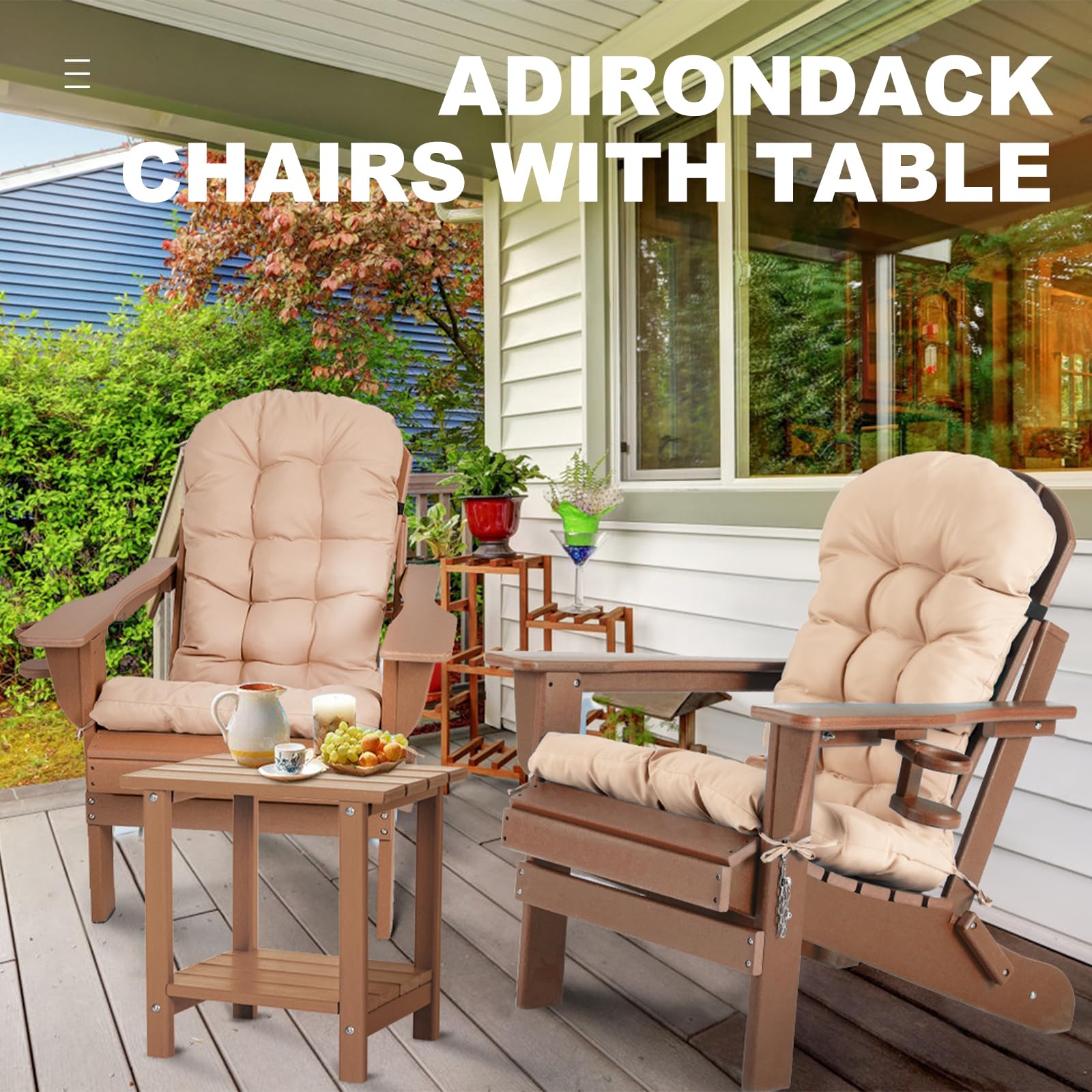 nalone Adirondack Chairs with Table Set, Folding Adirondack Chair Set of 2 with Cushions with 2 Layer Outdoor Side Table, HDPE Plastic Patio Chairs with End Table for Outdoor, Fire Pit, Deck (Teak)