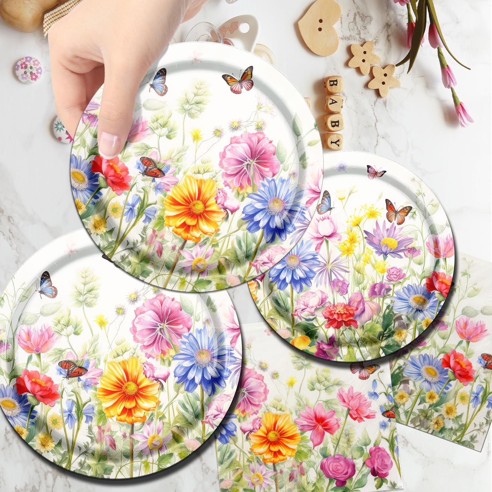 CMUSKO Wildflower Party Decorations, 60Pcs Floral Paper Plates Napkins Table Decorations, Wildflower Decor Tableware Set for Spring Summer Birthday Baby Shower Bridal Shower Garden Tea Party