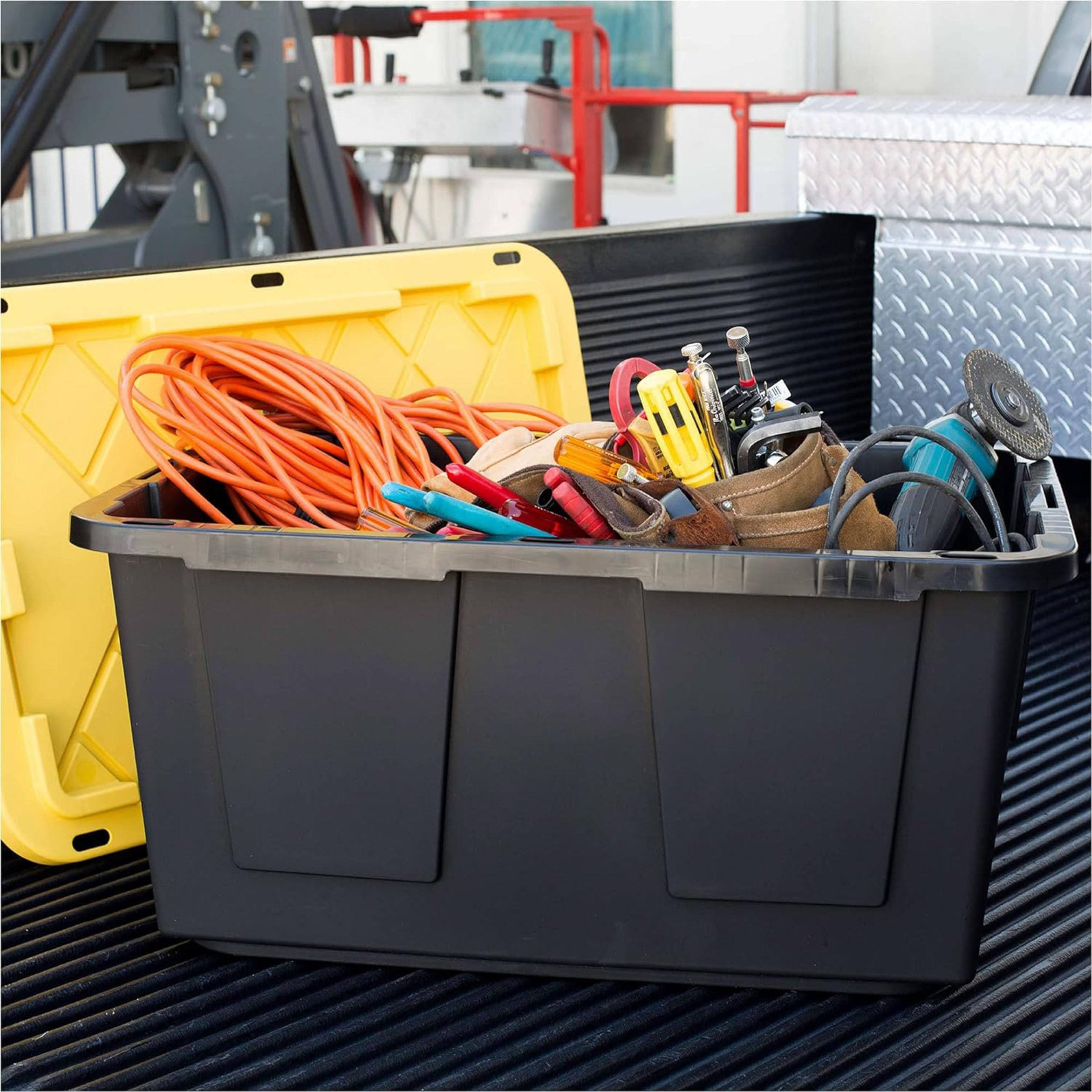 TeIdea 27Gal/108Qt 4 Pack Large Heavy-Duty Stackable Storage Plastic Bin Tote Container with Quick Snap Lid - Storage Tote With Handles/Snap Lid, 30-1/10" x 20-1/4" x 14-3/4", Black/Yellow