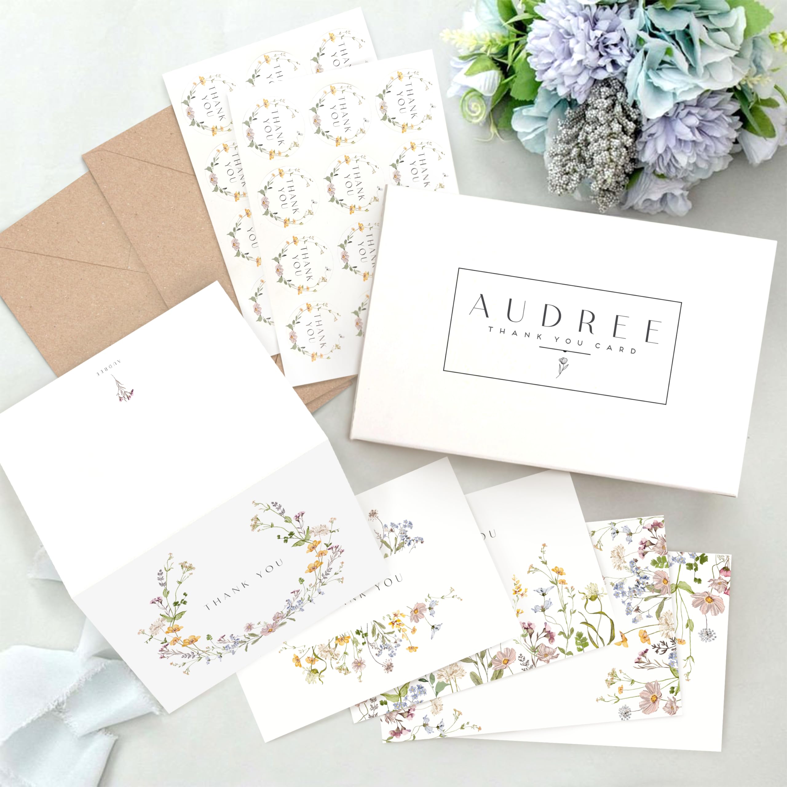 Pack 50 Floral Thank You Cards With Envelopes (4"x6") - Thank You Notes With Envelopes Set - Wildflower Thank You Cards With Envelope And Stickers - for Wedding, Bridal Showers, Baby Showers, Ect