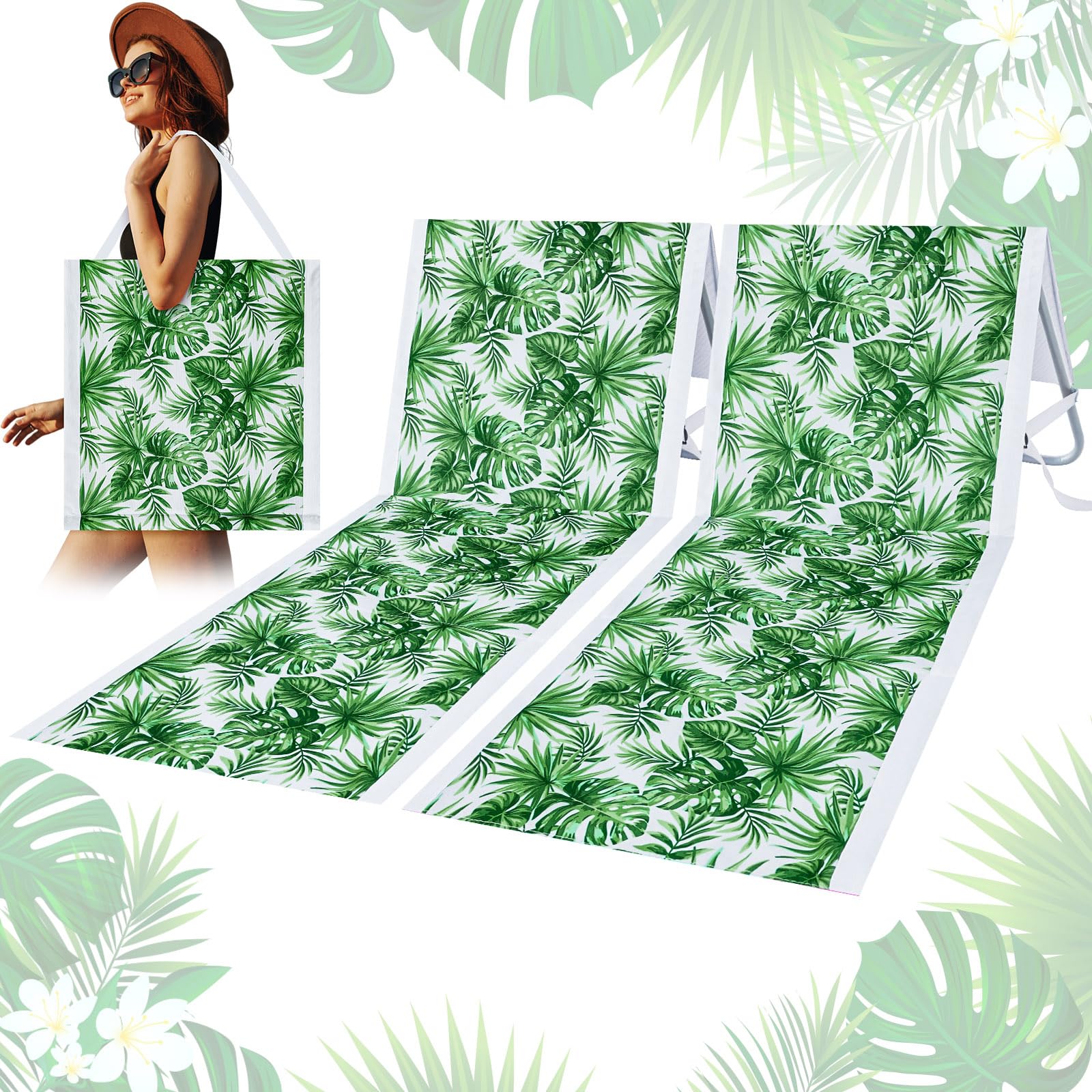 Lineshading 2 Pack Portable Beach Lounge Chair for Adults Folding Tanning Mat Lightweight Sun Beach Lounger Ideal Beach Chairs Adjustable Position Lawn Chair Outdoor Sunbathing(Monstera Leaf)