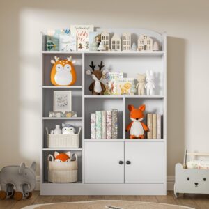 DIYART White Kids Bookshelf, Kids Bookcase with 7 Cubbies and 2 Cabinets, Freestanding Book Storage Shelves for Bedroom, Playroom, Hallway