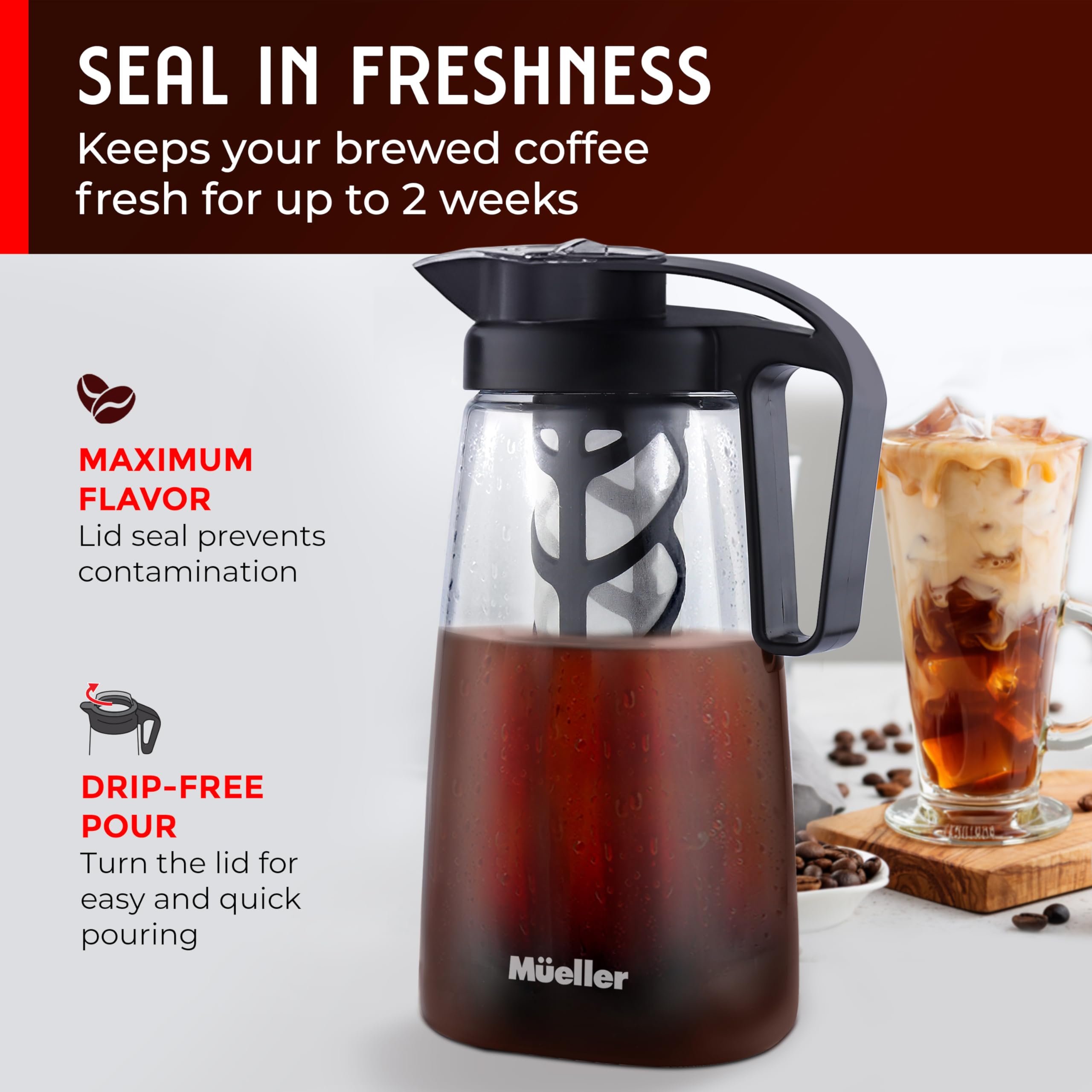 Mueller Cold Brew Coffee Maker, 2-Quart Heavy-Duty Tritan Pitcher, Iced Coffee Maker and Tea Brewer