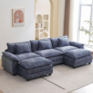 vuyuyu sectional sofa comfy cloud couch for living room with pillows, modern chenille sofa sleeper deep couches with two ottomans (blue, 5-seat)