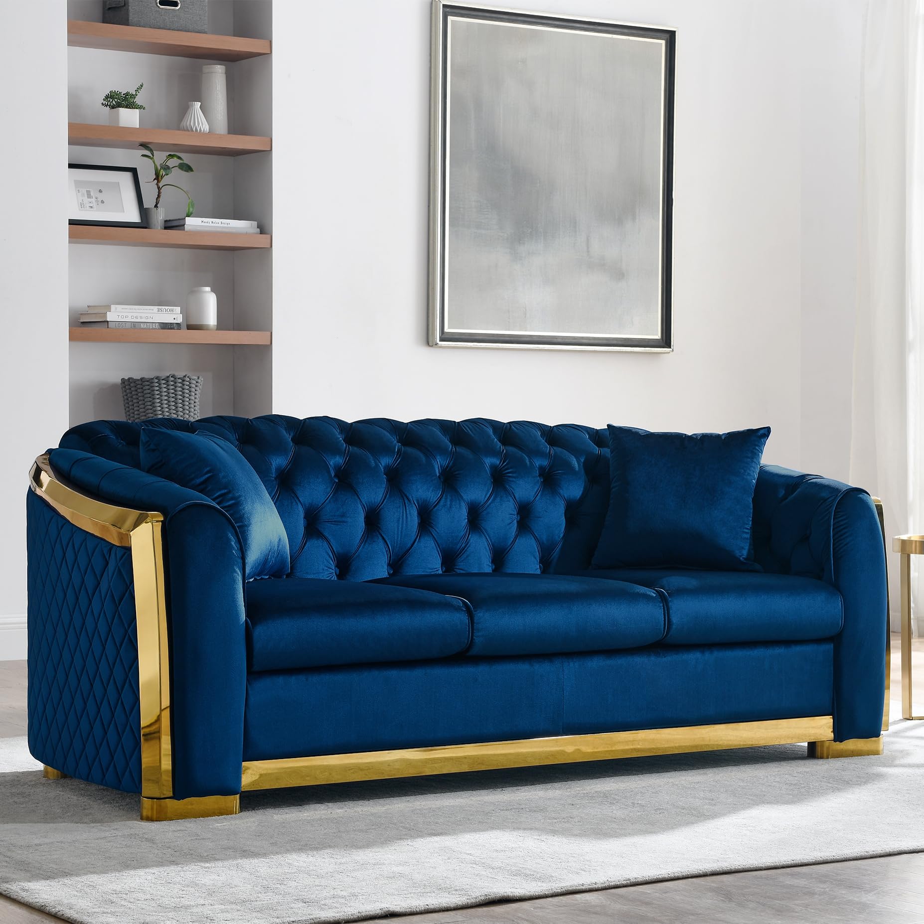 WinJoy 84 Inch Velvet Sofa Set for Living Room, 3 Seat Modern & Luxury Chesterfield Couch Sofa with Tufted Back&Gold Stainless Legs for Apartment, Office 2 Pillows Included Navy