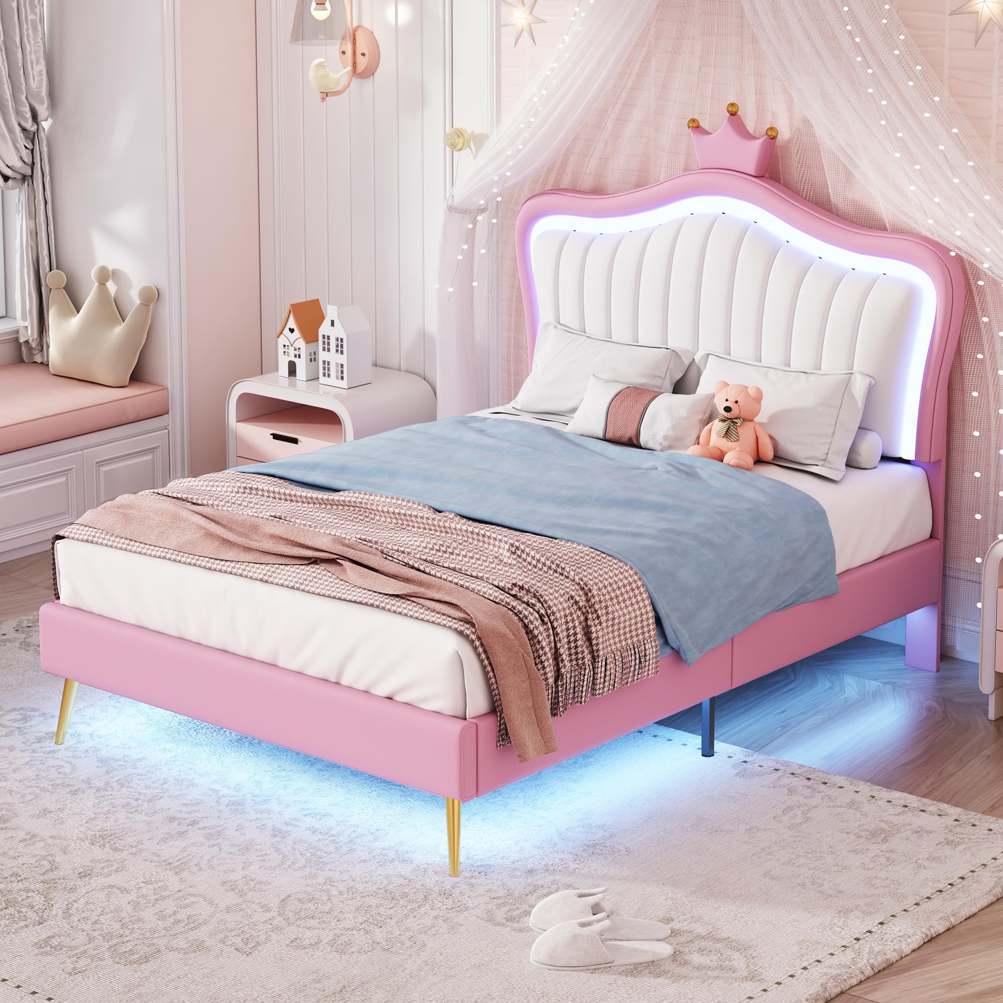 Bekeknlny Modern Upholstered Princess Bed with Crown Headboard and LED Lights,Twin Size PU Upholstered Bed Frame for Kids Boys Girls Bedroom (White+Pink/PU, Twin)