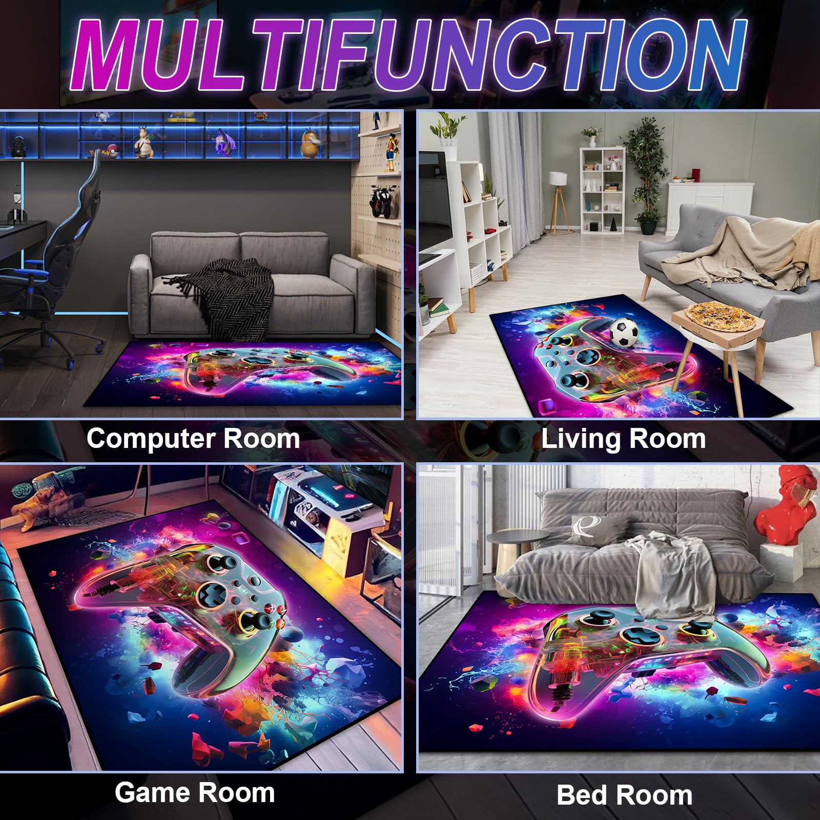 Gaming Area Rug Teen Boys Carpet, 3D Transparent Gamepad and Colorful Bomb Background Game Controller Design for Game Room, Gaming Room, Boys Girls Bedroom Playroom, Living Room (60" x 40")