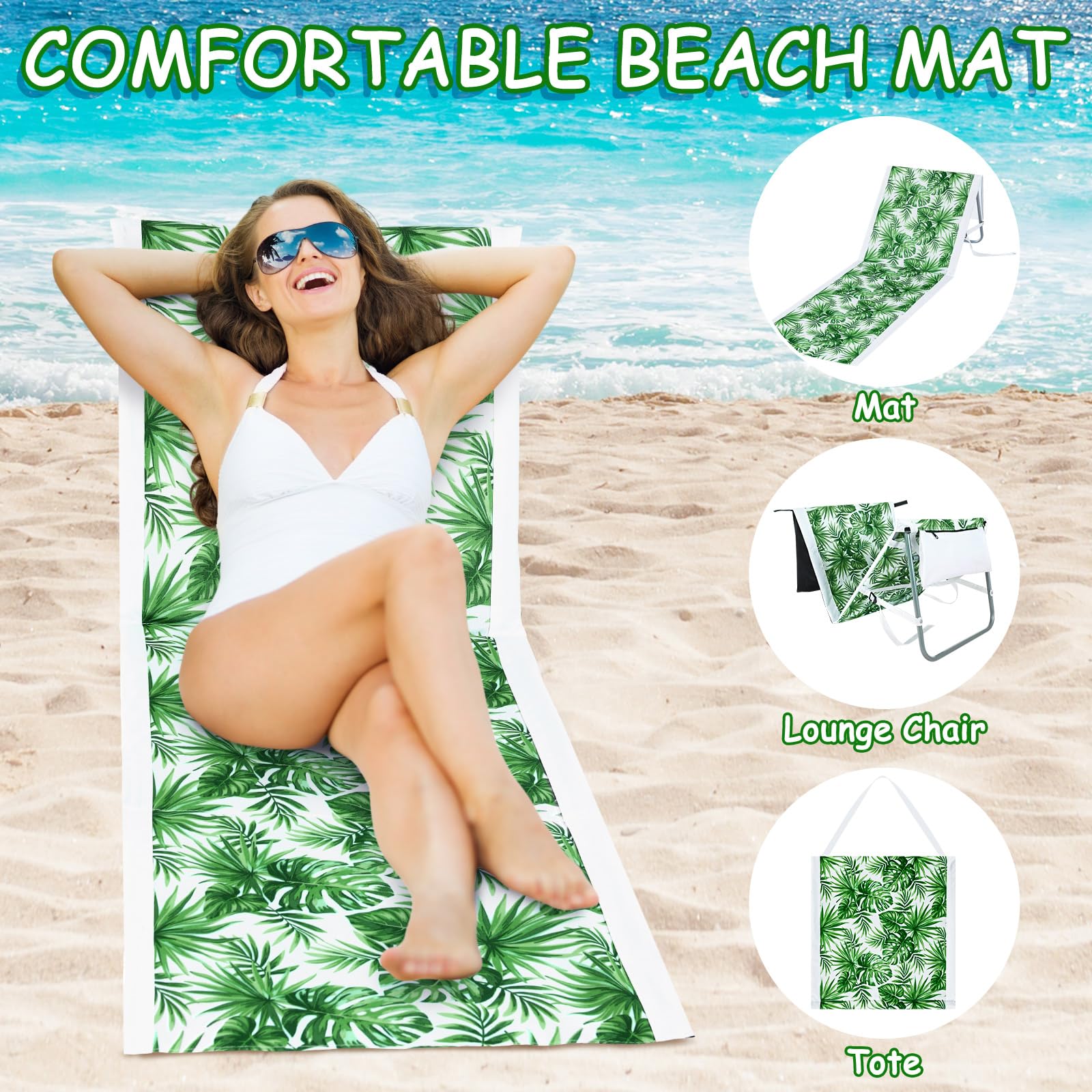 Lineshading 2 Pack Portable Beach Lounge Chair for Adults Folding Tanning Mat Lightweight Sun Beach Lounger Ideal Beach Chairs Adjustable Position Lawn Chair Outdoor Sunbathing(Monstera Leaf)