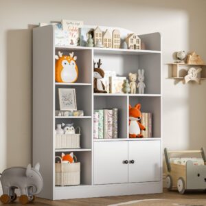 diyart white kids bookshelf, kids bookcase with 7 cubbies and 2 cabinets, freestanding book storage shelves for bedroom, playroom, hallway